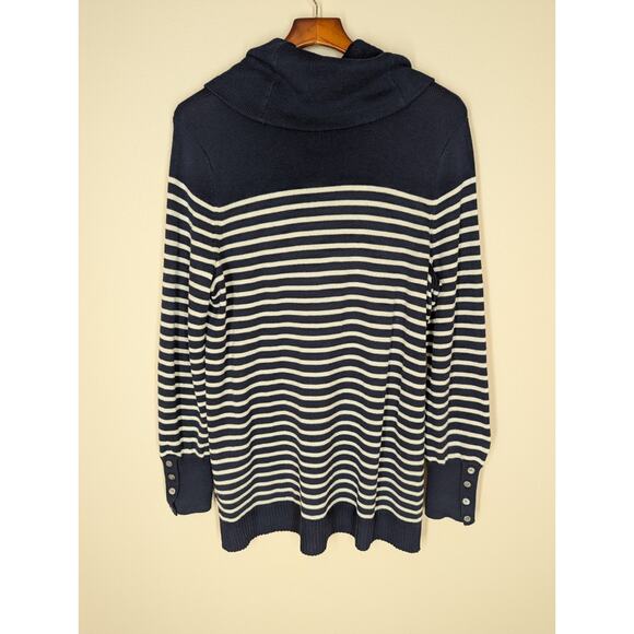 Lauren Ralph Lauren Women's Navy & White Striped Cowl Neck Slit Sweater Size XL - Picture 3 of 9